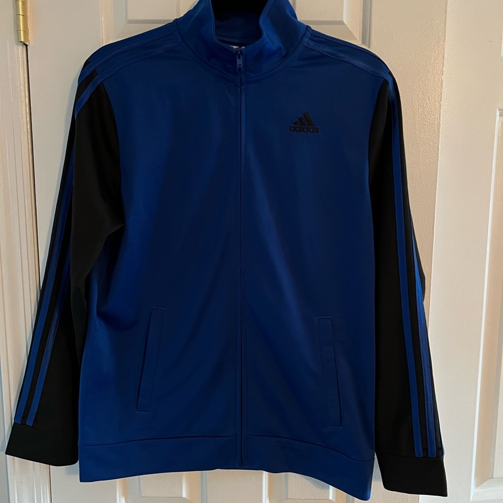 Kids Adidas iconic track jacket. Blue with black stripes size XL 18/20 zipper